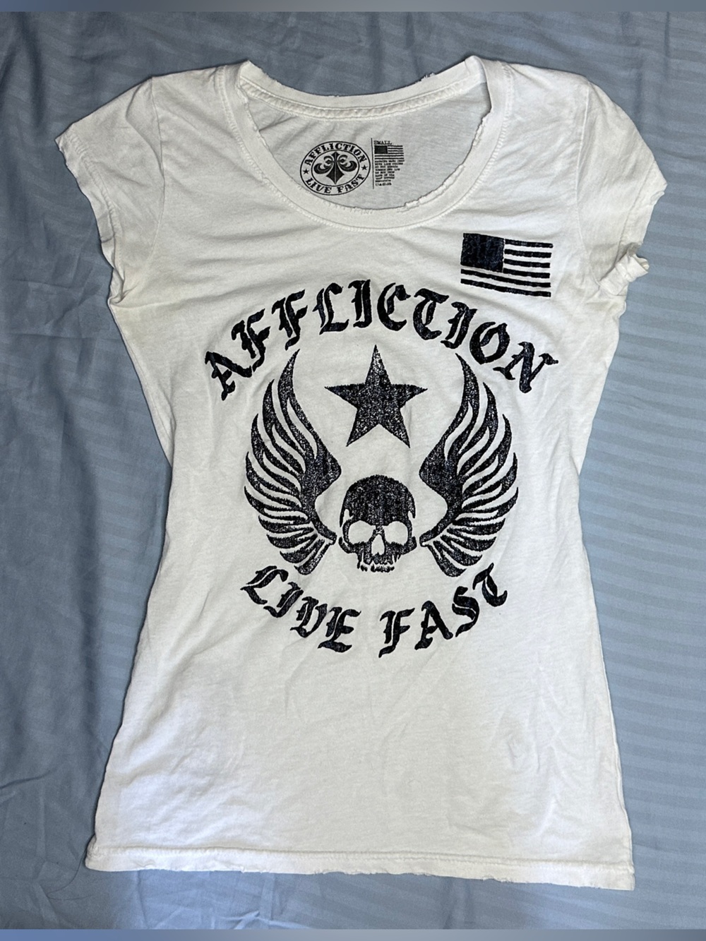 Affliction White Girls' Short Sleeve Tee with Black Skull & Wings Graphic